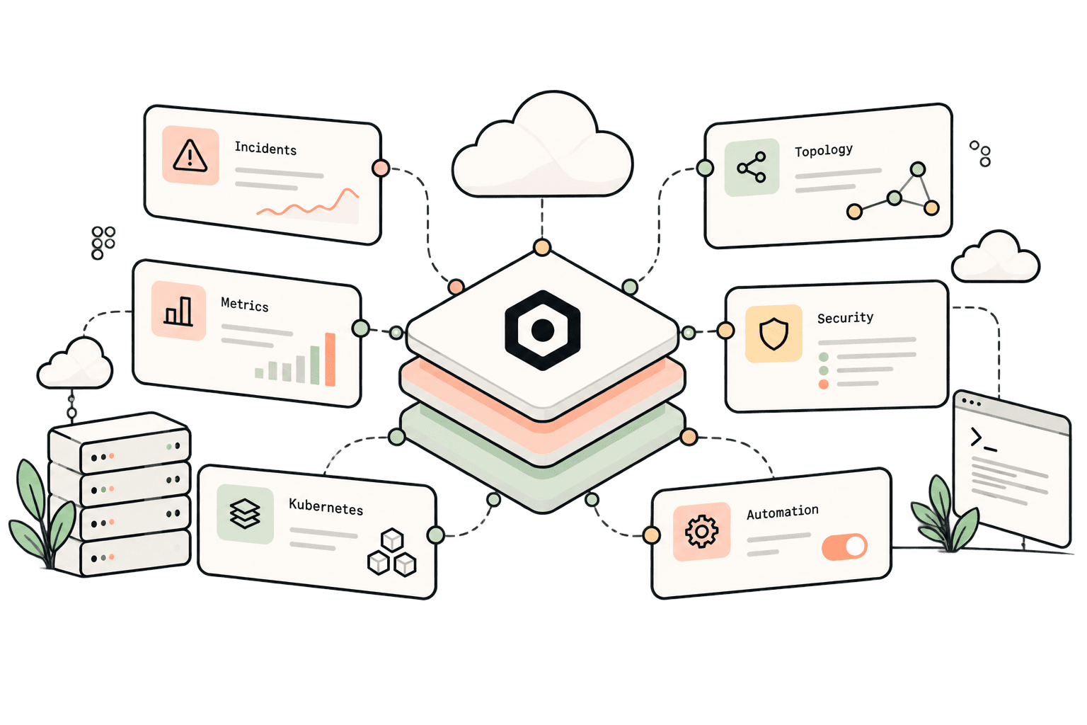 Infrastructure operations hub — incidents, metrics, Kubernetes, automation, security, and topology